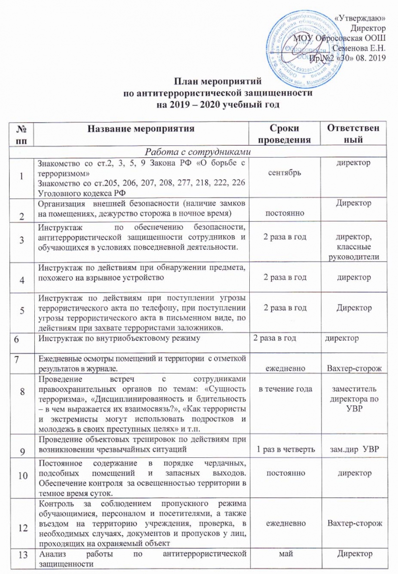 Образец плана взаимодействия с правоохранительными органами по антитеррору